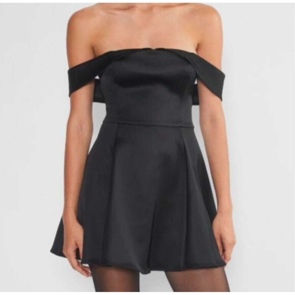Aritzia TEN Aphrodite Black Satin Mini Dress sz 2 Off Shoulder